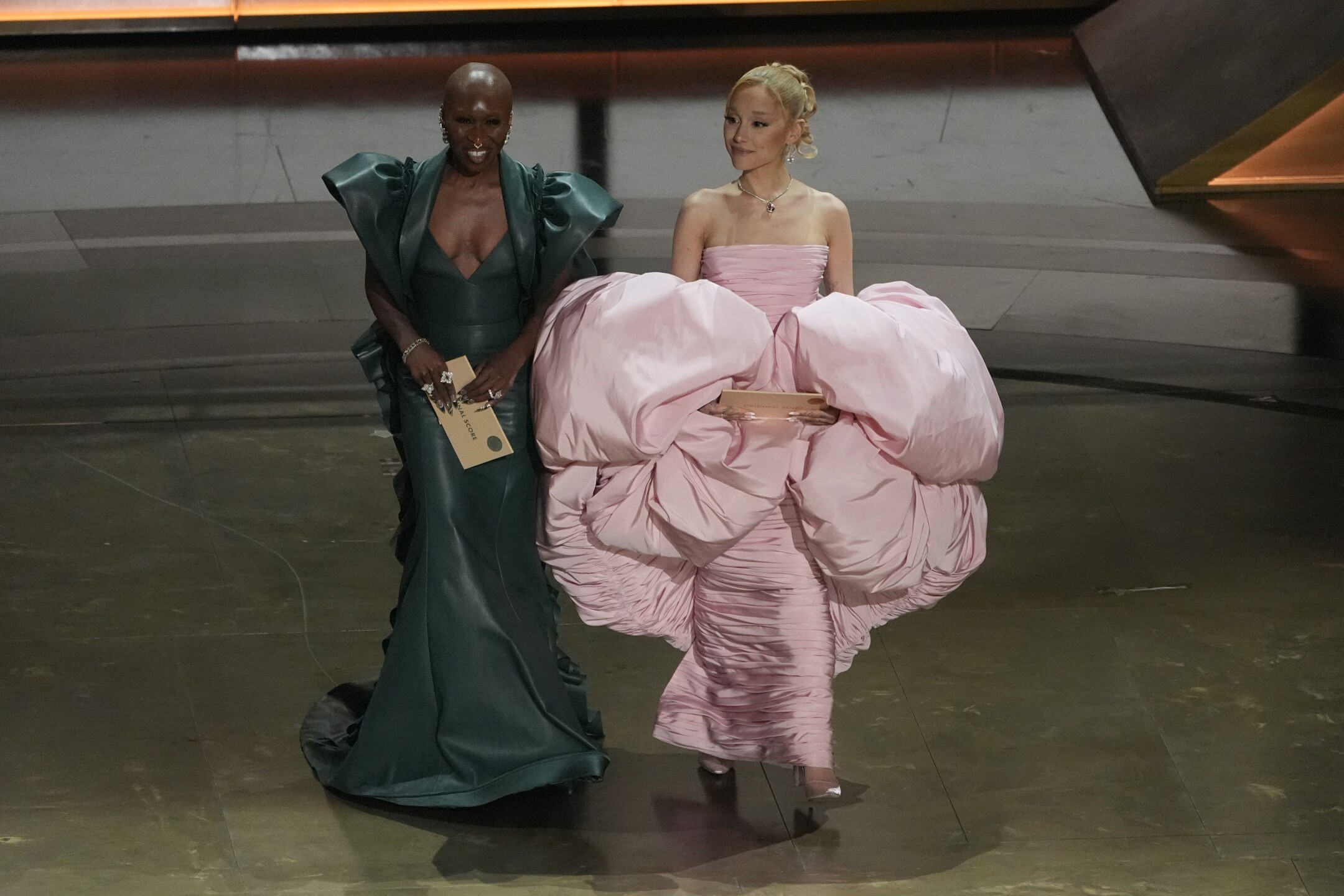 Cynthia Erivo, left, and Ariana Grande appear during the Oscars on Sunday, March 10, 2024, at the Dolby Theatre in Los Angeles. 